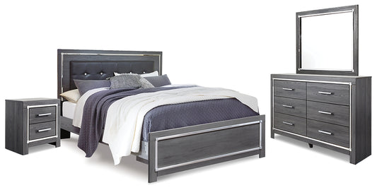 Cama Lodanna con paneles, cómoda con espejo y mesita de noche