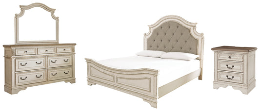 Cama tapizada Realyn con tocador y mesita de noche con espejo