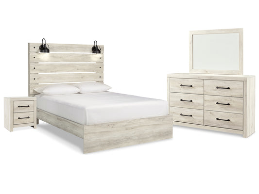 Cama con paneles Cambeck, cómoda con espejo y mesita de noche