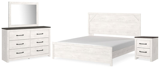 Cama Gerridan con paneles, cómoda con espejo y mesita de noche