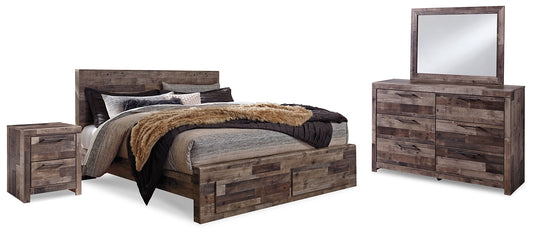 Cama Derekson con dos cajones, cómoda con espejo y mesita de noche