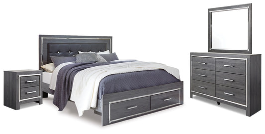 Cama Lodanna con dos cajones, cómoda con espejo y mesita de noche