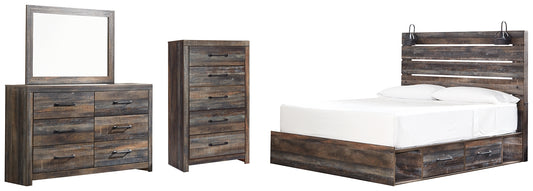 Cama Drystan con dos cajones de almacenamiento, cómoda con espejo y cómoda
