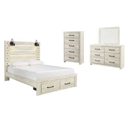 Cama con paneles Cambeck y dos cajones de almacenamiento con cómoda y espejo