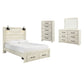 Cama con paneles Cambeck y dos cajones de almacenamiento con cómoda y espejo