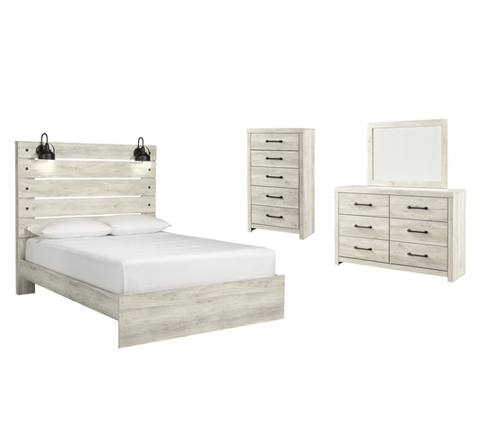 Cama con paneles Cambeck, cómoda con espejo y arcón