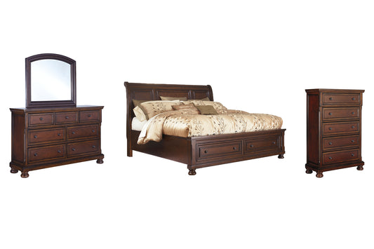 Cama tipo trineo Porter con cómoda y cómoda con espejo