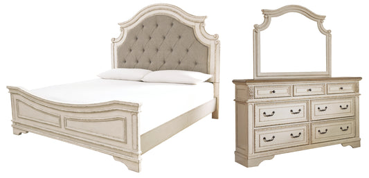 Cama tapizada con paneles y tocador con espejo Realyn California