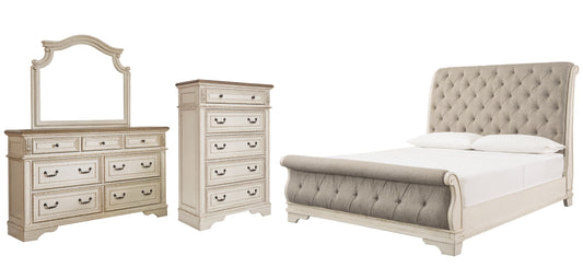 Cama estilo trineo California Realyn con tocador y cómoda con espejo