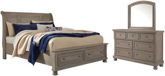 Cama tipo trineo Lettner con dos cajones y cómoda con espejo