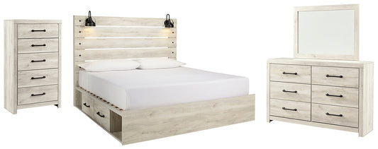 Cama con paneles Cambeck y dos cajones de almacenamiento con cómoda y espejo