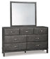 Cama Caitbrook con 8 cajones, cómoda con espejo y cómoda
