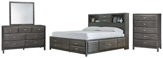 Cama Caitbrook con 8 cajones, cómoda con espejo y cómoda