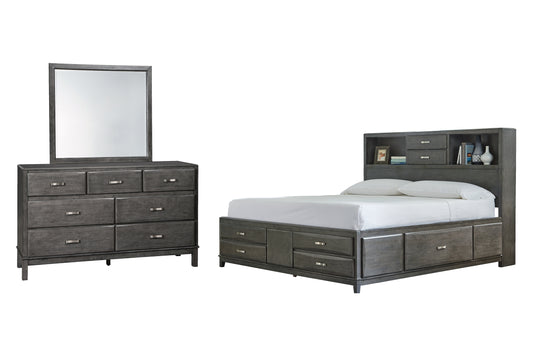 Cama Caitbrook con 8 cajones y cómoda con espejo
