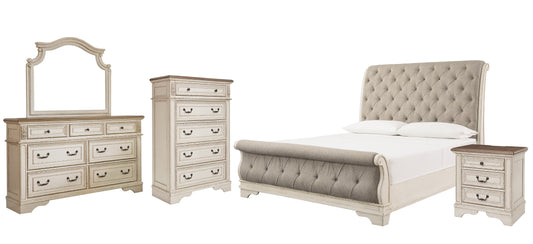 Cama estilo trineo California Realyn con tocador con espejo, cómoda y mesita de noche