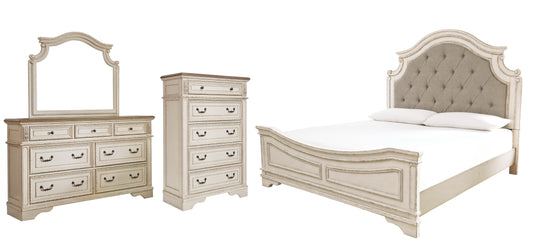 Cama tapizada Realyn con tocador y cómoda con espejo