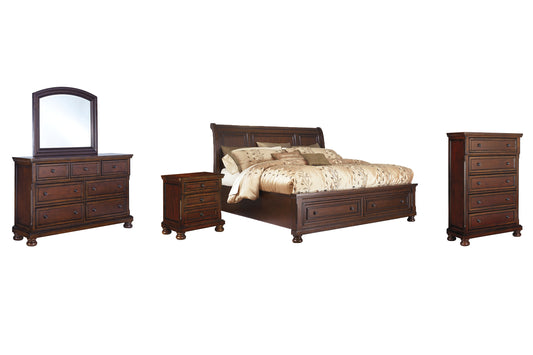 Cama Porter tipo trineo con tocador con espejo, cómoda y mesita de noche