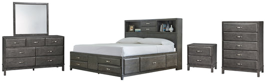 Cama Caitbrook con 8 cajones, cómoda con espejo y mesita de noche