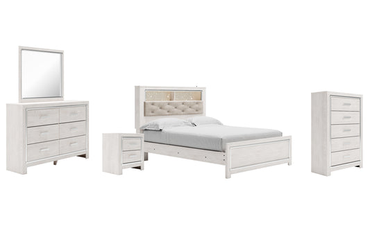 Cama-librería Altyra con paneles, cómoda con espejo, cómoda y mesita de noche