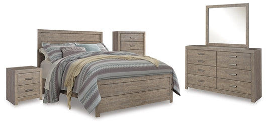 Cama Culverbach con paneles, cómoda con espejo y mesita de noche