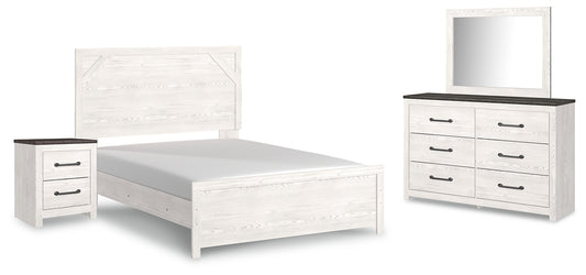 Cama Gerridan con paneles, cómoda con espejo y mesita de noche
