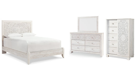 Cama Paxberry con paneles, cómoda y espejo