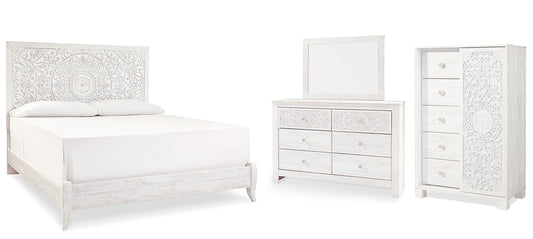 Cama Paxberry con paneles, cómoda y espejo