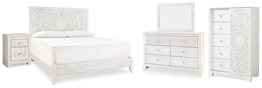 Cama Paxberry con paneles, cómoda con espejo y mesita de noche