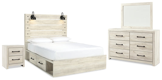 Cama Cambeck con dos cajones, cómoda con espejo y mesita de noche