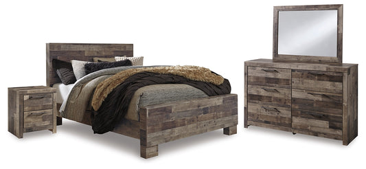 Cama con paneles Derekson, tocador con espejo y mesita de noche