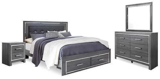 Cama Lodanna con paneles, cómoda con espejo y mesita de noche