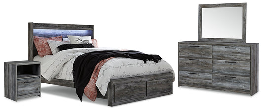 Cama Baystorm con dos cajones, cómoda con espejo y mesita de noche