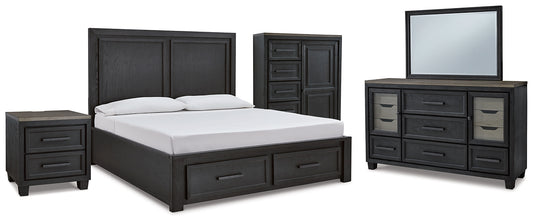 Cama Foyland con almacenamiento, tocador con espejo, cómoda y mesita de noche
