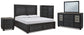 Cama California con almacenamiento y paneles Foyland, cómoda con espejo, cómoda y mesita de noche