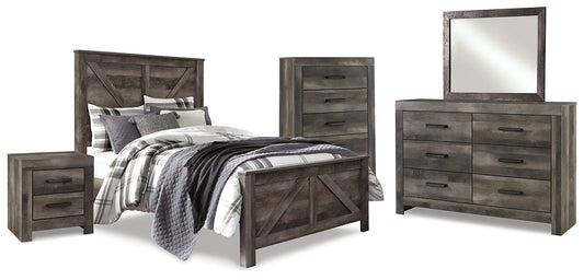 Cama Wynnlow Crossbuck con paneles, cómoda con espejo, arcón y mesita de noche