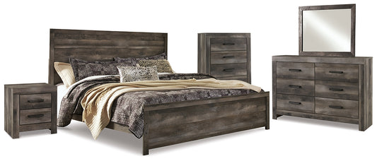 Cama con paneles Wynnlow, cómoda con espejo y mesita de noche