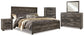 Cama con paneles Wynnlow, cómoda con espejo y mesita de noche