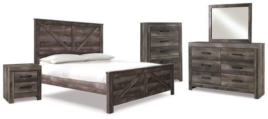 Cama Wynnlow Crossbuck con paneles, cómoda con espejo, arcón y mesita de noche