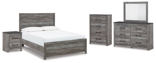Cama Bronyan con paneles, cómoda con espejo y mesita de noche