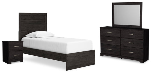 Cama con paneles Belachime, tocador con espejo y mesita de noche