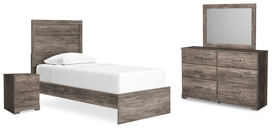 Cama Ralinksi con paneles, cómoda con espejo y mesita de noche