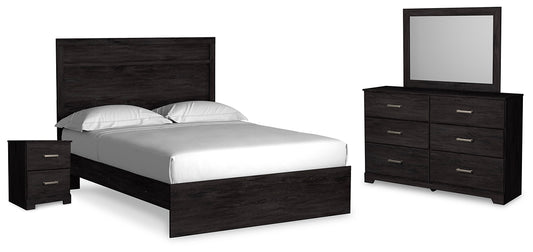 Cama con paneles Belachime, tocador con espejo y mesita de noche