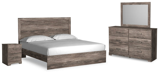 Cama Ralinksi con paneles, cómoda con espejo y mesita de noche