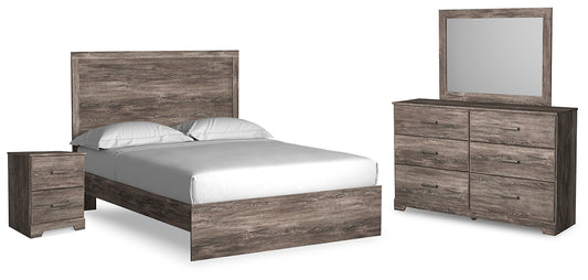 Cama Ralinksi con paneles, cómoda con espejo y mesita de noche