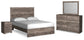 Cama Ralinksi con paneles, cómoda con espejo y mesita de noche