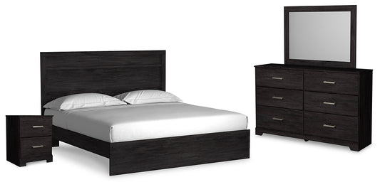 Cama con paneles Belachime, tocador con espejo y mesita de noche