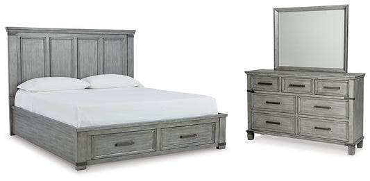 Cama California con almacenaje y tocador con espejo Russelyn