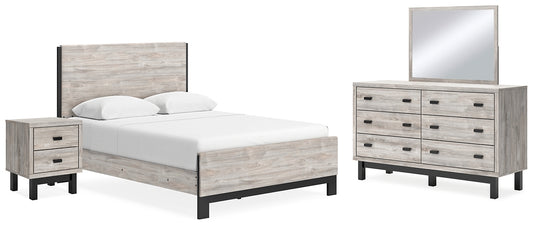 Cama Vessalli con paneles, cómoda con espejo y mesita de noche