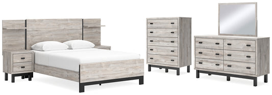 Cama Vessalli con paneles, cómoda y espejo