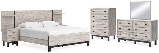 Cama Vessalli con paneles, cómoda y espejo